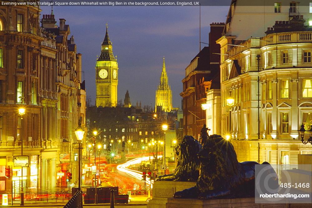 Evening view from Trafalgar Square down Whitehall with Big Ben in the background, London, England, UK