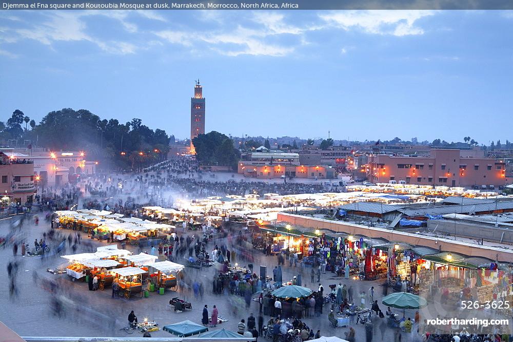 Djemma el Fna square and Koutoubia Mosque at dusk, Marrakech, Morrocco, North Africa, Africa