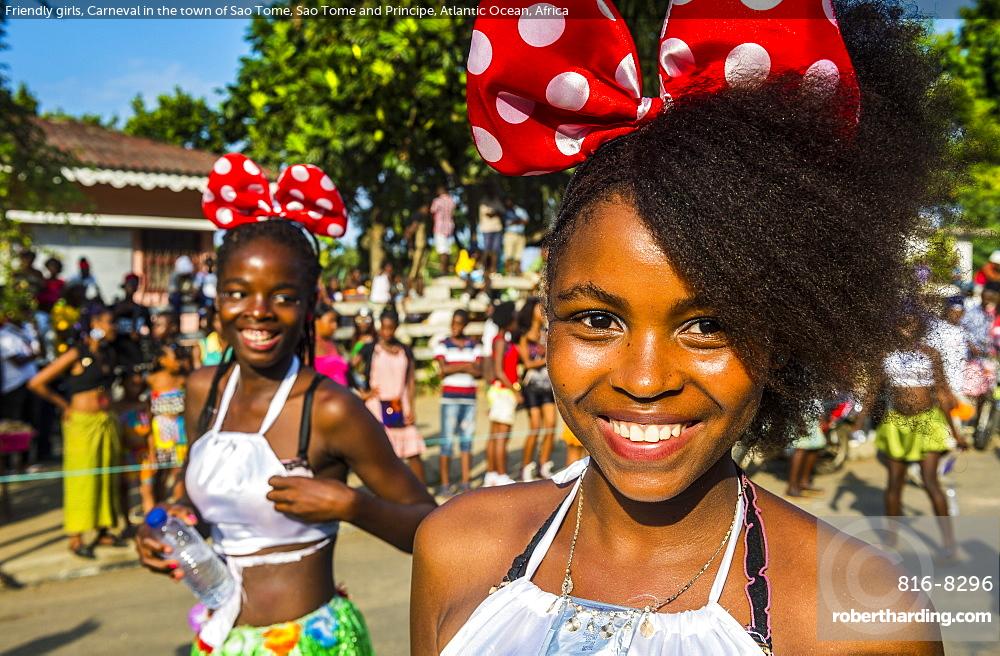 Friendly girls, Carneval in the town of Sao Tome, Sao Tome and Principe, Atlantic Ocean, Africa