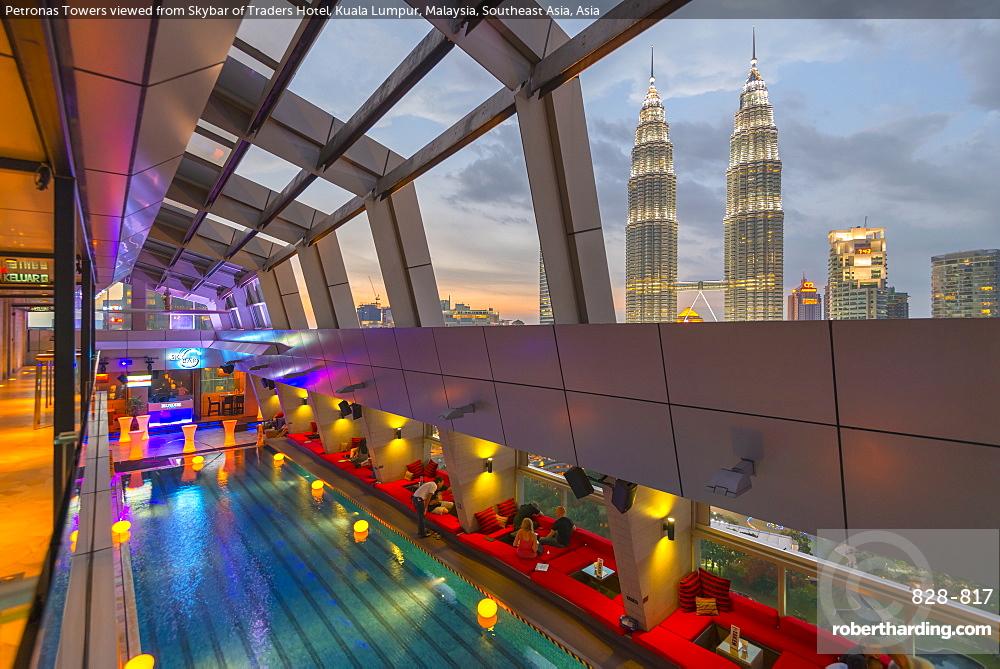 Petronas Towers viewed from Skybar of Traders Hotel, Kuala Lumpur, Malaysia, Southeast Asia, Asia