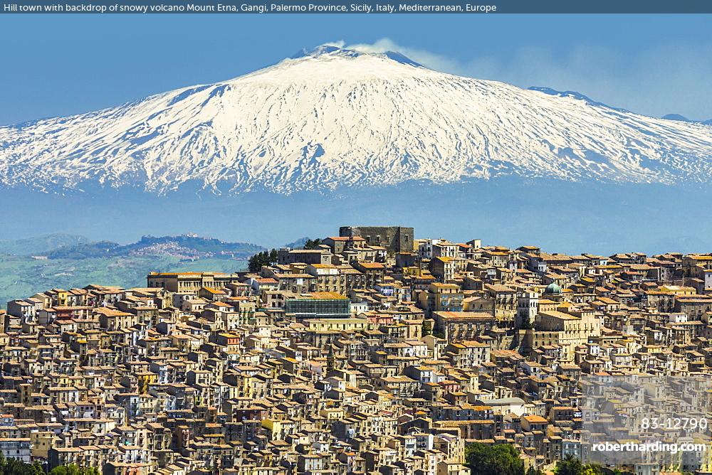 Hill town with backdrop of snowy volcano Mount Etna, Gangi, Palermo Province, Sicily, Italy, Mediterranean, Europe