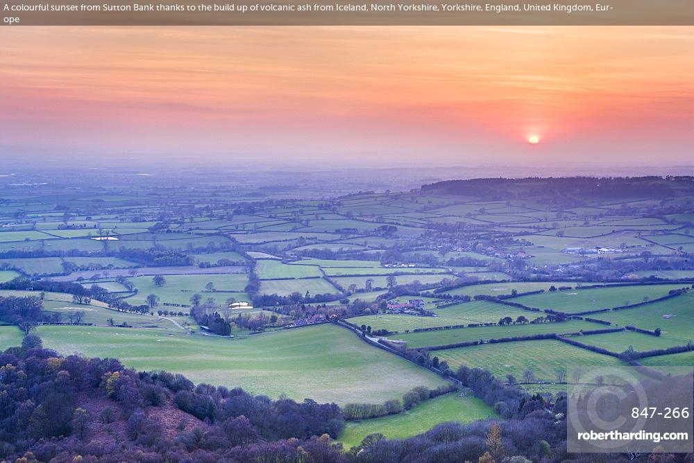 A colourful sunset from Sutton Bank thanks to the build up of volcanic ash from Iceland, North Yorkshire, Yorkshire, England, United Kingdom, Europe